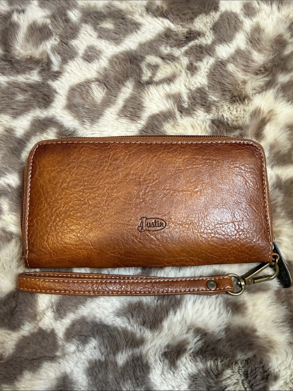 Justin Boots Cognac Leather Zip Wristlet Wallet